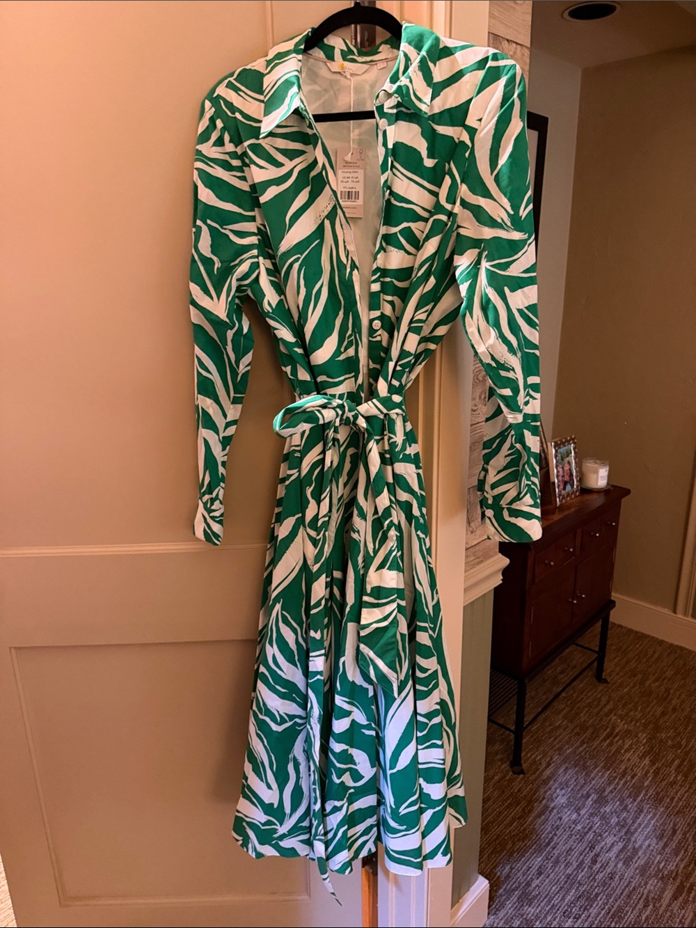Boden Green and White Long-Sleeve Wrap Dress with Tie Waist